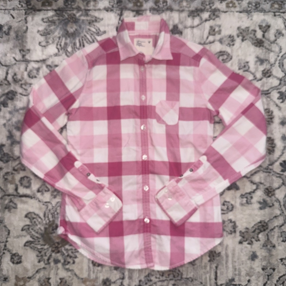 American Eagle Outfitters Vtg Fit Plaid Pink Oxford Top Women Y2K Sz (2)